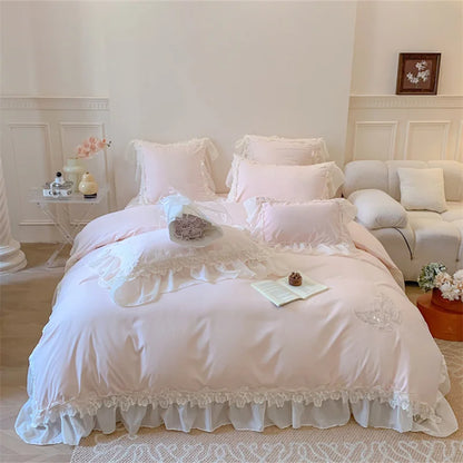 Decobites Pink Lace Butterfly Embroidery Bedding Set 4Pcs, Princess Wedding Theme