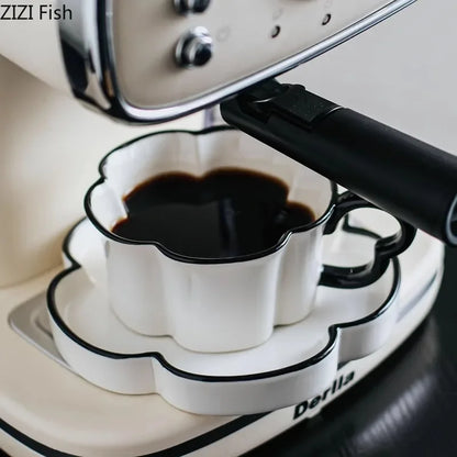 DecorBites™ Black Edged Flower Mug Set - Ceramic Cup & Saucer for Tea, Coffee, and Juice