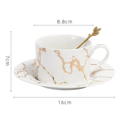 طقم أكواب وصحن سيراميك من ديكوربايتس™ بتصميم رخامي مذهب لطاولة الطعام والشاي والقهوة
