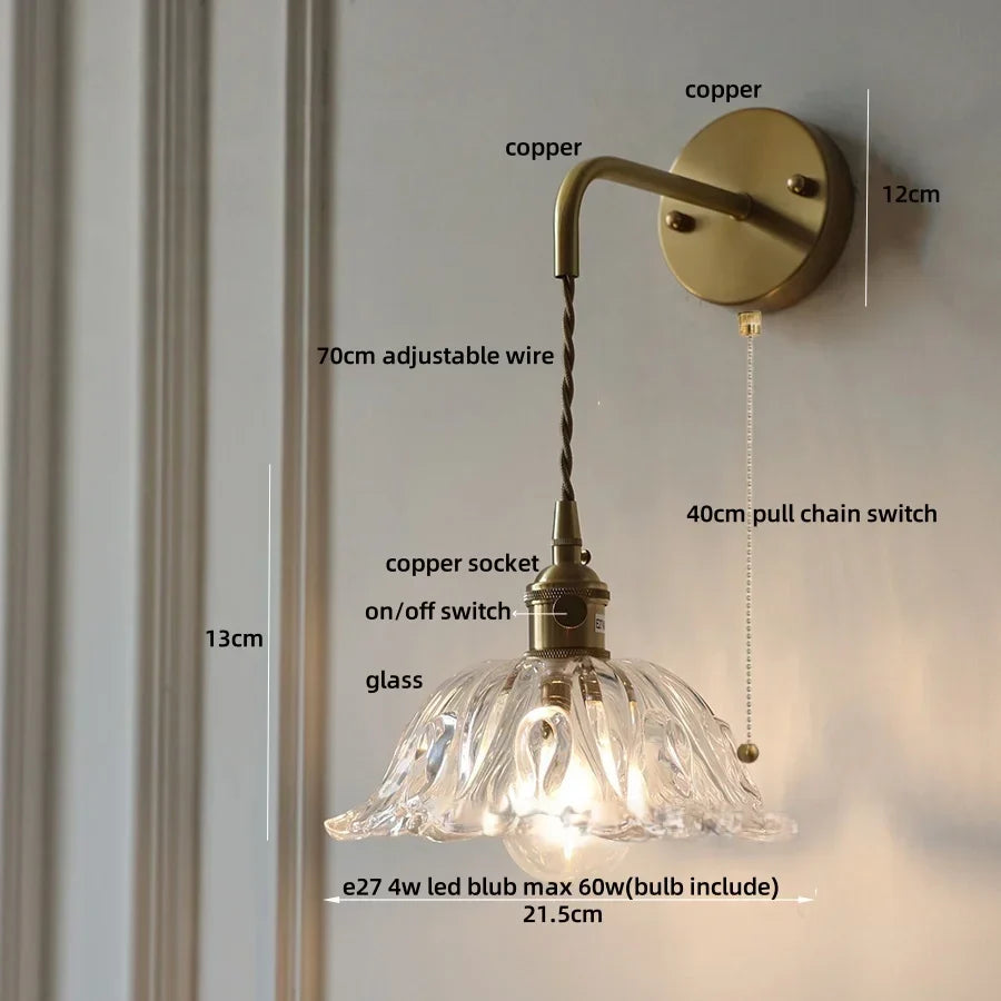 DecorBites™ مصباح حائط LED على شكل زهرة خضراء من الزجاج والنحاس مع سلسلة سحب
