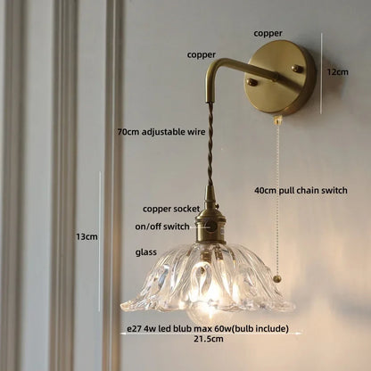 DecorBites™ مصباح حائط LED على شكل زهرة خضراء من الزجاج والنحاس مع سلسلة سحب