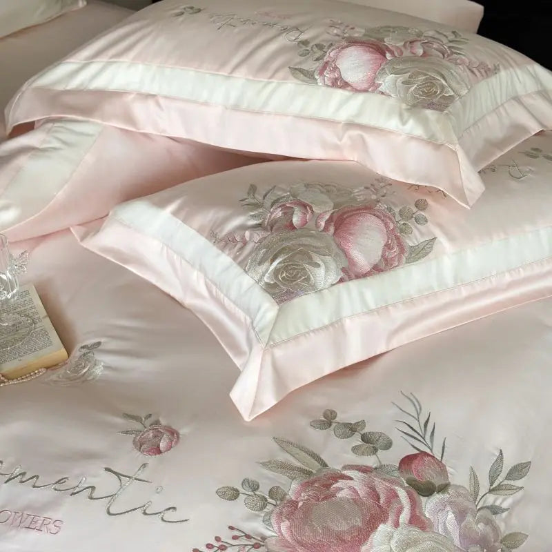 Decobites 4-Pc Flowers Embroidery Bedding Set 1000TC Egyptian Cotton Duvet Cover Sheets