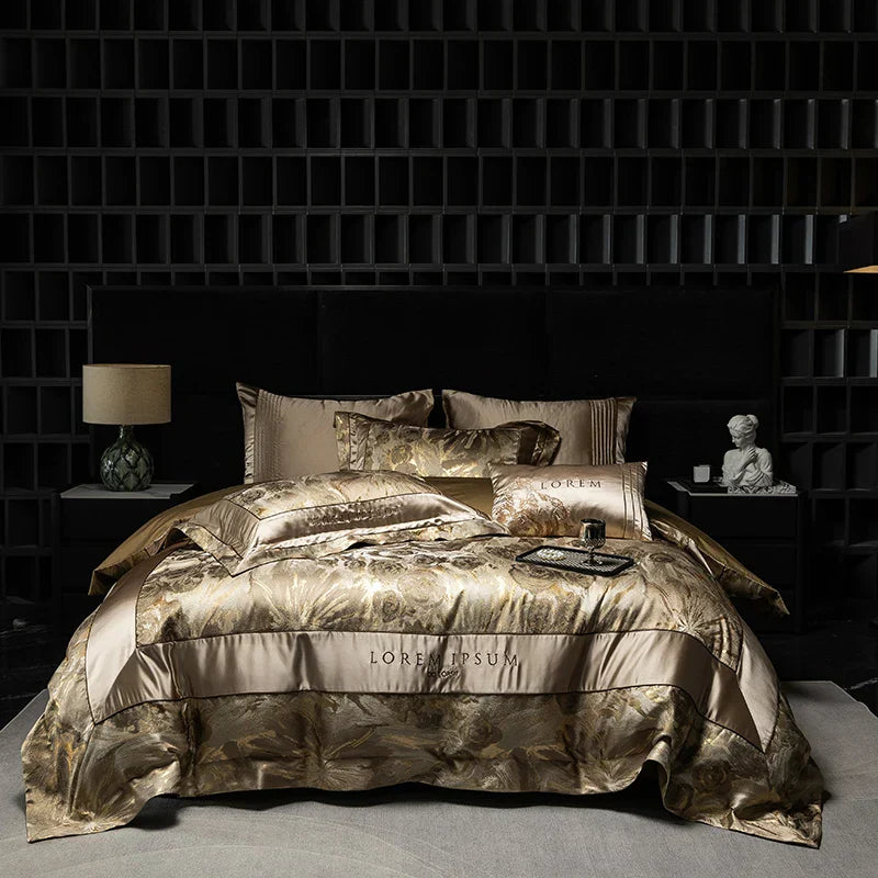 Decobites Luxe Brocade Jacquard Bedding Set with Egyptian Cotton & Embroidery