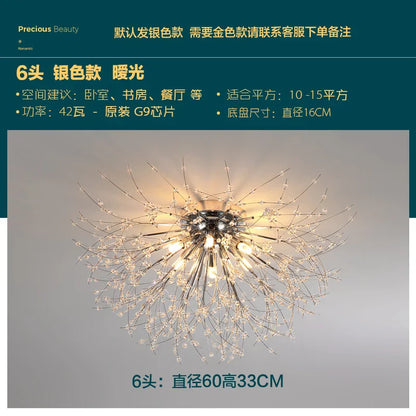 DecorBites™ Golden Dandelion Crystal Chandelier: Warm Nordic LED Ceiling Lamp for Romantic Living Room.