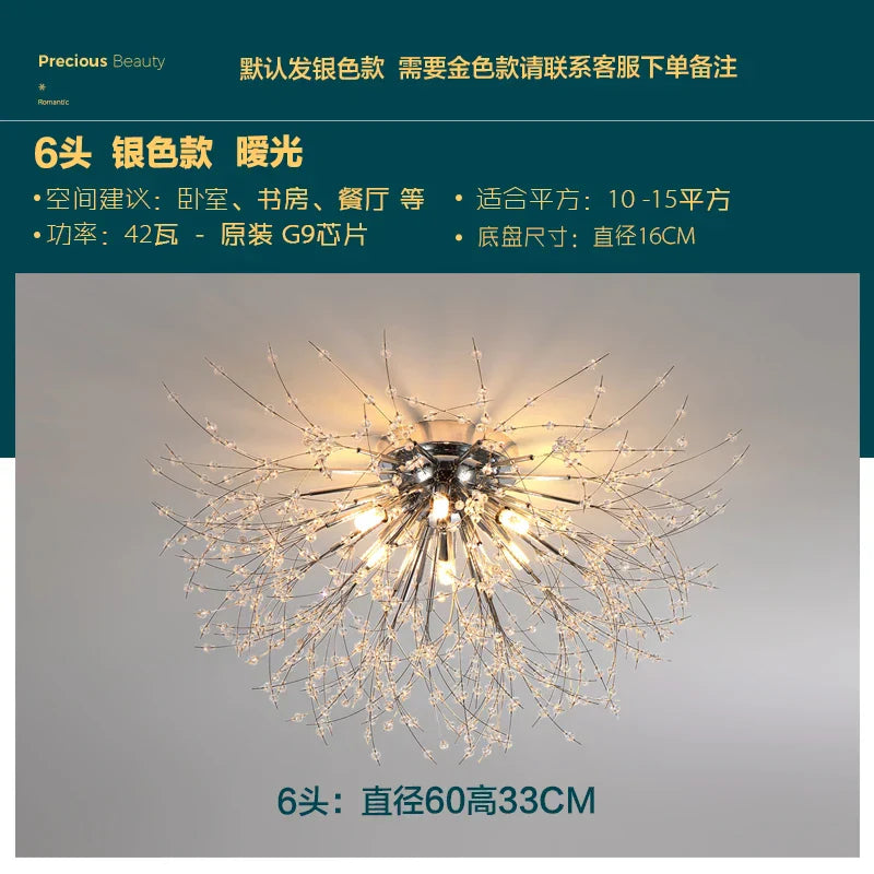 DecorBites™ Golden Löwenzahn-Kristallkronleuchter: Warme nordische LED-Deckenleuchte für romantisches Wohnzimmer.