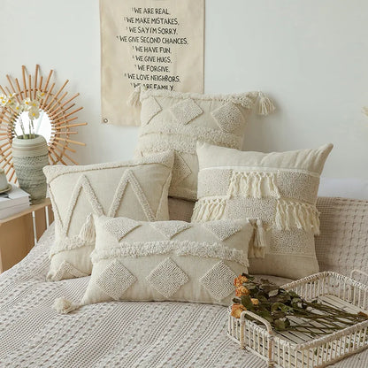 DecorBites™ Boho Beige White Tufted Tassel Pillow Cover Set