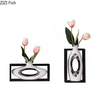 DecorBites™ Elegant Square Ceramic Vase with Artificial Flowers for Desk Decoration
