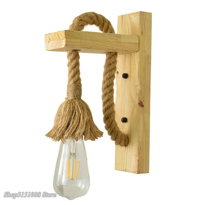 DecorBites™ Hemp Rope Wall Lamp Wood Sconce E27 Industrial Indoor Outdoor Light