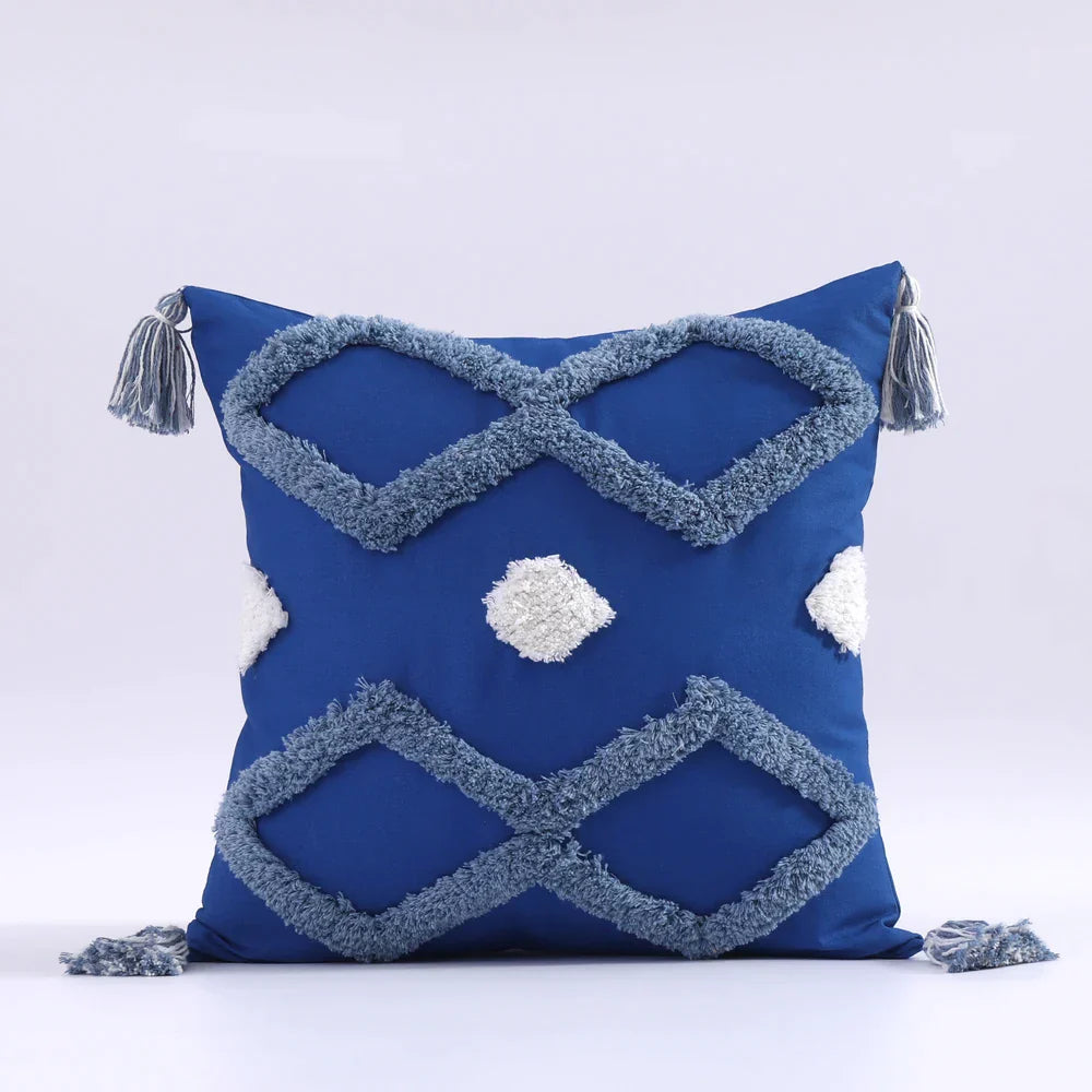 Funda de cojín DecorBites™ Boho con borlas y mechones, 45x45cm - Funda de cojín decorativa de algodón azul y rosa