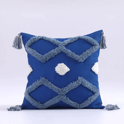 Funda de cojín DecorBites™ Boho con borlas y mechones, 45x45cm - Funda de cojín decorativa de algodón azul y rosa