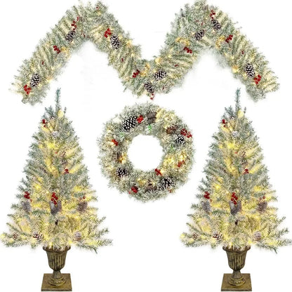 Christmas Decor Xmas Tree Holiday White 4-Piece Set,Wreath, Garland and Entrance Trees Set of 2,with 340 LED Warm Lights