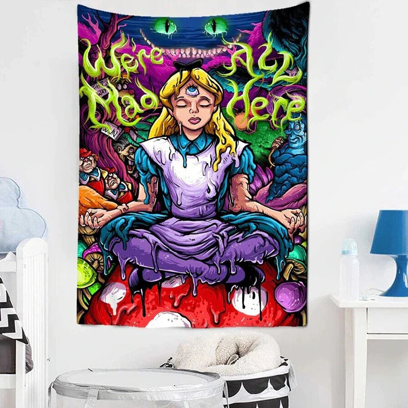 Decobites Psychedelic Alice Hippie Eye Trippy Anime Girl Tapestry for Bedroom Wall Art