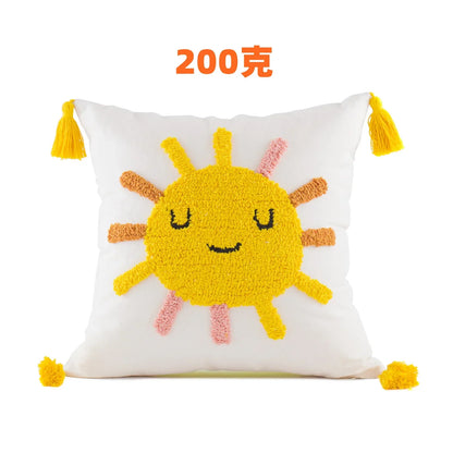 Funda de cojín DecorBites™ Boho amarilla con borla de estrella, luna y arcoíris, 45x45 cm