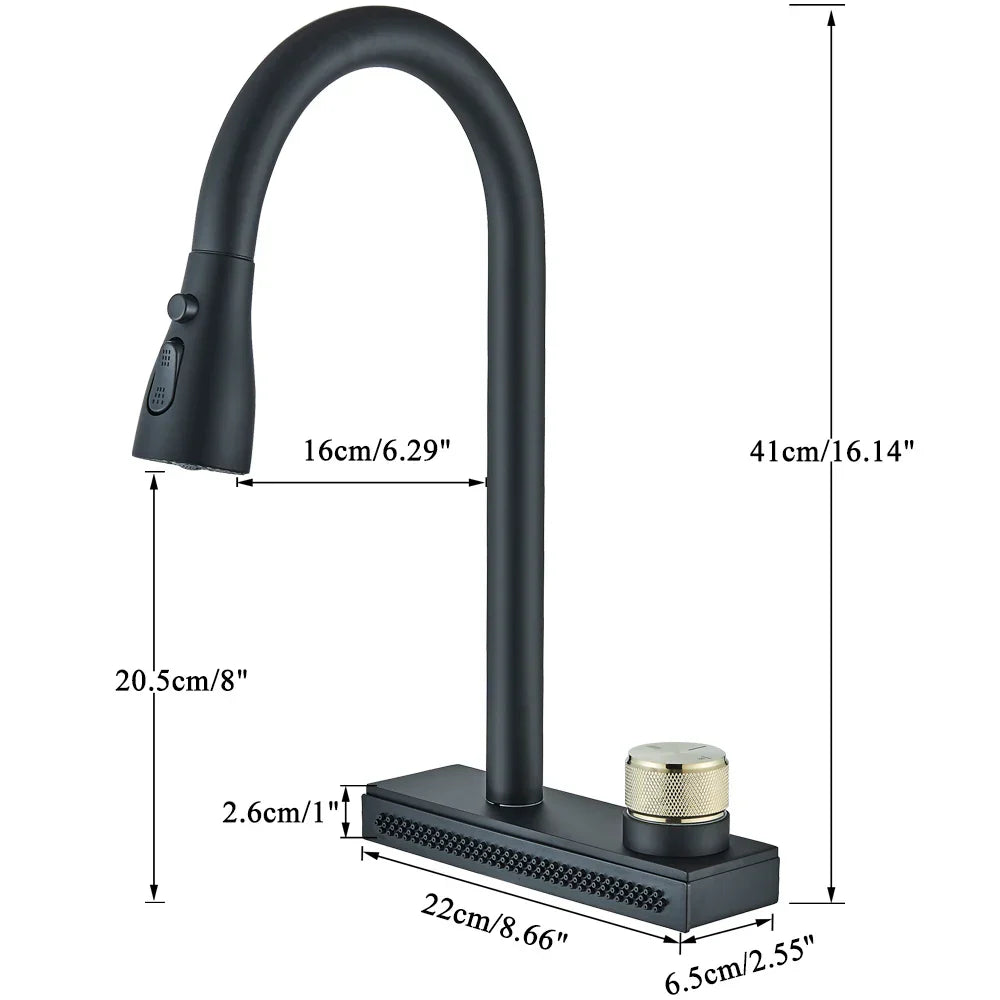 صنبور مطبخ DecorBites™ أسود اللون مقاوم للمياه المطرية، صنبور خلاط مرن بثلاثة اتجاهات قابل للسحب