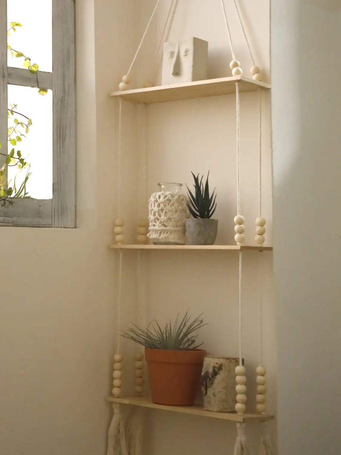 DecorBites™ Rustic Wooden Wall Shelf with Hanging Plant Storage
