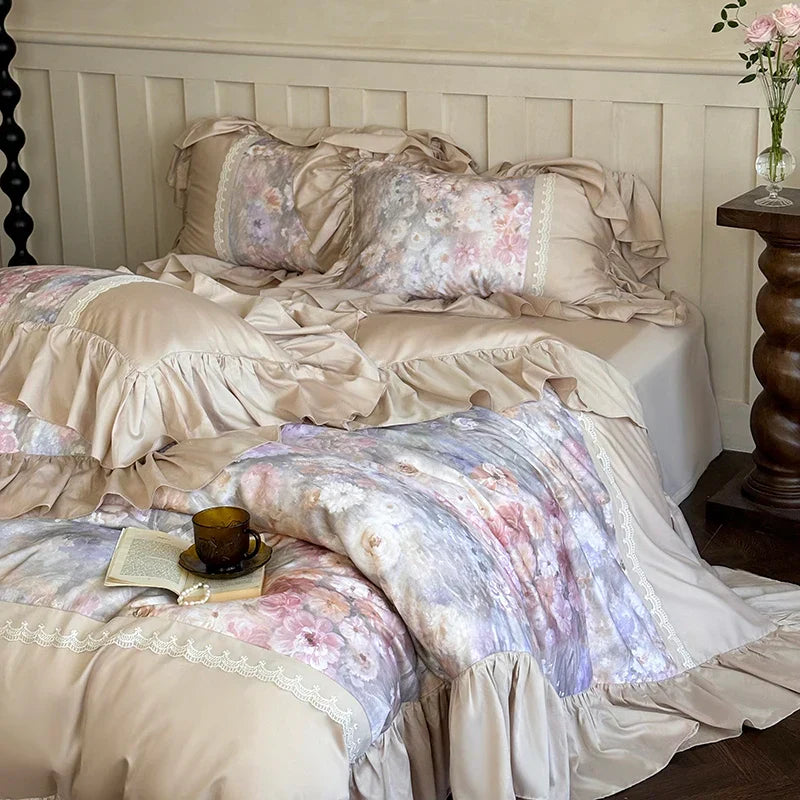 Decobites Vintage French Pastoral Lace Ruffles Bedding Set: Duvet Cover, Bed Sheet, 2 Pillowcases