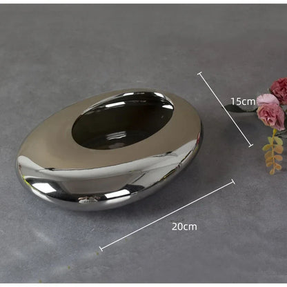 DecorBites™ Silver Cobblestone Ceramic Vase Geometric Oval Flower Pot Home Decor