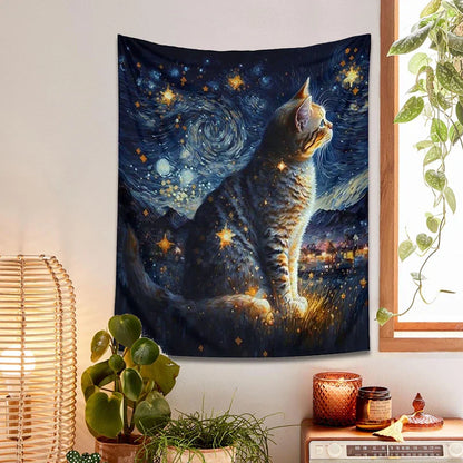 Decobites Starry Night Cat Tapestry: Moon Art Oil Painting Wall Hanging for Boho Home Decor