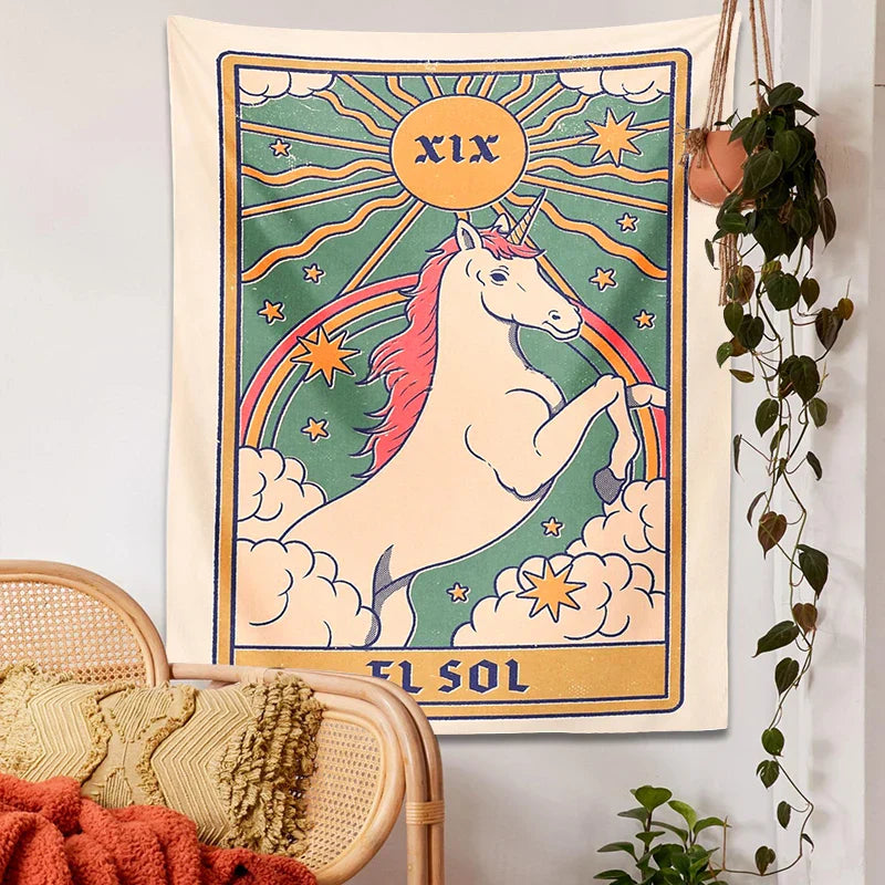 Unicorn Tarot Tapestry by Decobites: Rainbow Bohemian Wall Decor for Home and Dorm Room