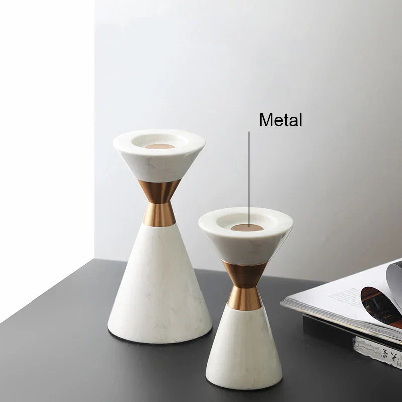DecorBites™ Golden Metal & White Volakos Marble Wedding Candlesticks