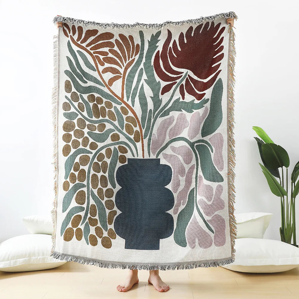 Manta tejida con estampado de margaritas DecorBites™: elegante manta con borlas para decoración del hogar y picnics