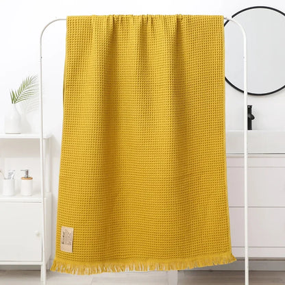 DecorBites™ Geometric Tassel Bath Towel - 100% Cotton, Quick-Dry, Multi-colored Waffle Design - 90x180cm