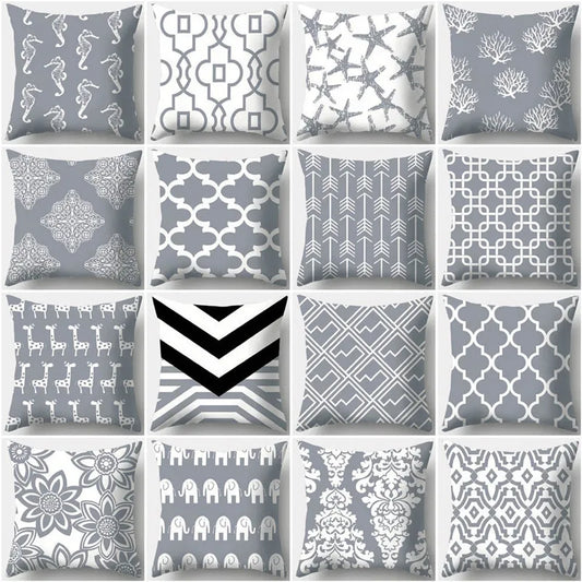 DecorBites™ Grey Geometry Leaves Floral Stripes Plaids Print Lumbar Pillow Case