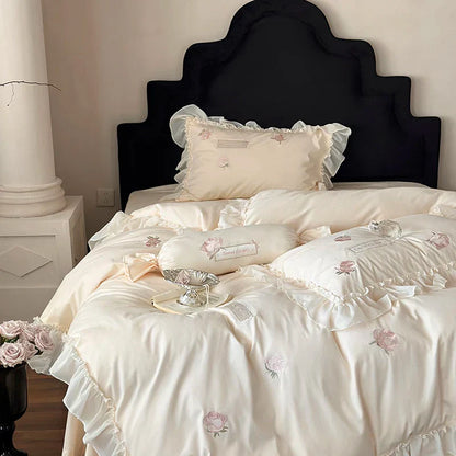 Decobites Rose Flowers Embroidery Lace Ruffles Cotton Brushed Bedding Set