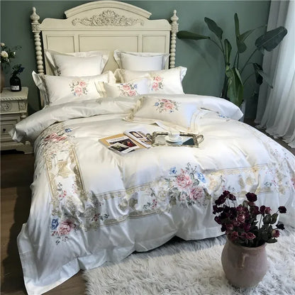 DecorBites™ Egyptian Cotton White Embroidery Bedding Set - Queen/King Size - 1000TC Linens