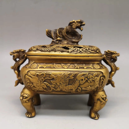 DecorBites™ Double Dragon Lion Incense Burner: Antique Bronze Aromatherapy Stove Craft Ornament