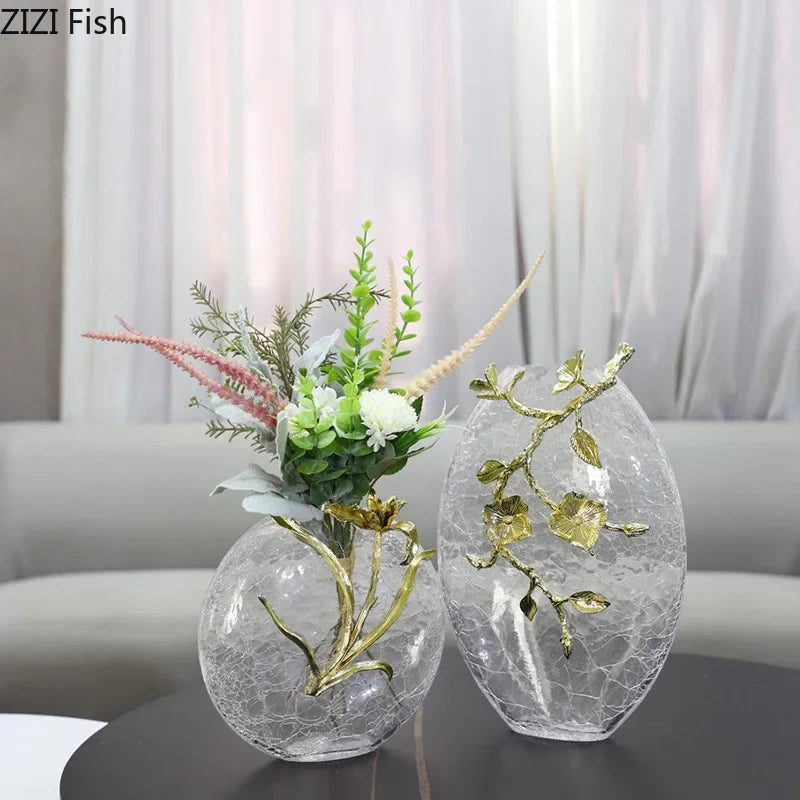 DecorBites™ Golden Flower Glass Vase Desk Decoration, Aesthetic Floral Vases, Room Decor