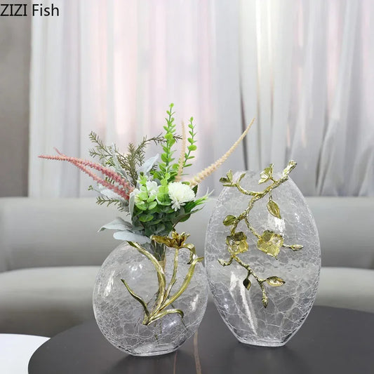 DecorBites™ Golden Flower Glass Vase Desk Decoration, Aesthetic Floral Vases, Room Decor