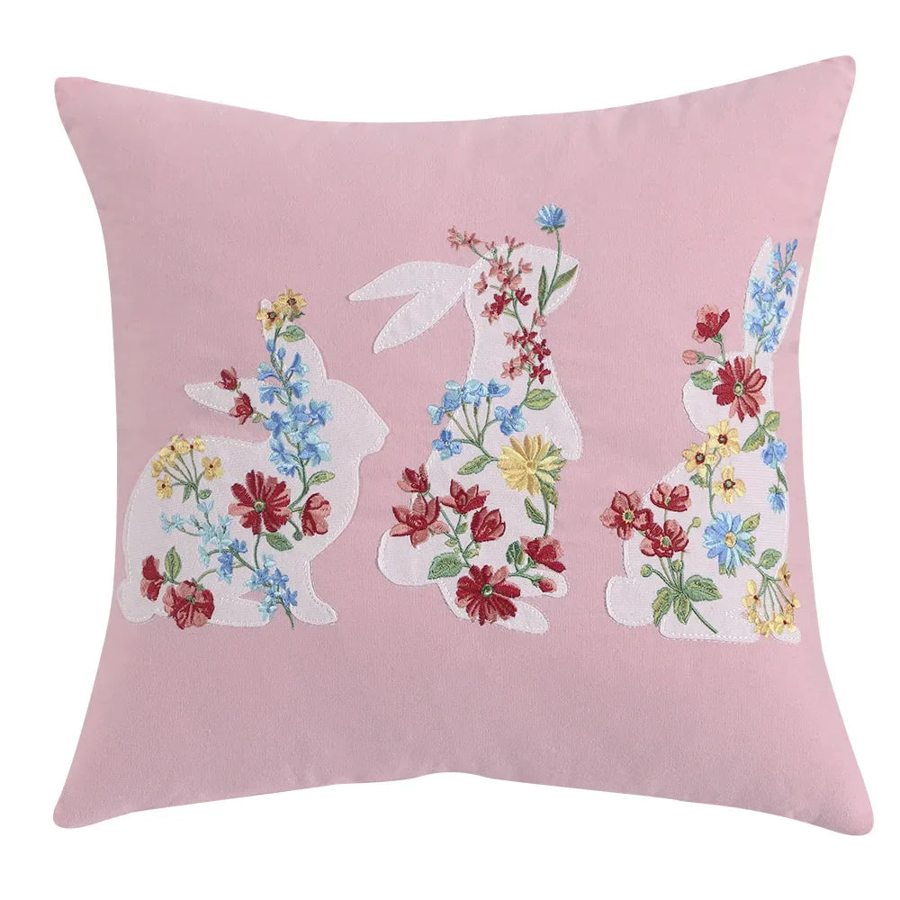 DecorBites™ Bunny Cushion Cover Pink White Floral Embroidered Easter Home Sofa Decoration
