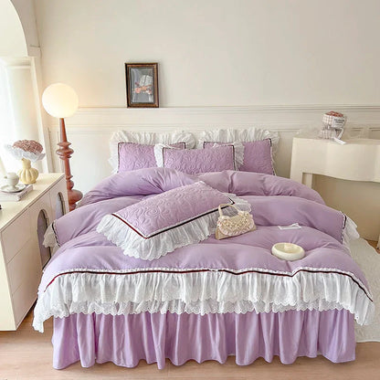 Decobites Lace Ruffles Bedding Set: 4pcs Solid Color Princess Quilt Cover, Bed Skirt, 100% Cotton Pillowcase