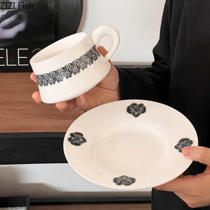 DecorBites™ Black Flower Porcelain Cup & Saucer Set, Elegant Coffee Mug for Dining & Afternoon Tea