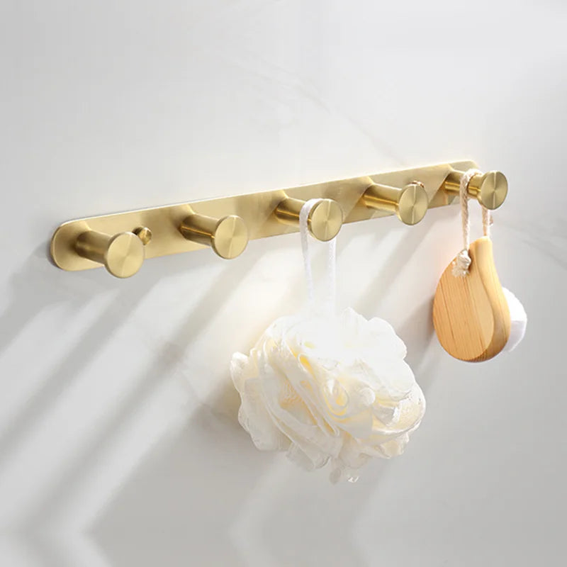 DecorBites™ Brushed Gold Bathroom Accessories Set: Wall Mount Shelf, Toilet Paper Holder, Towel Bar, Robe Hook