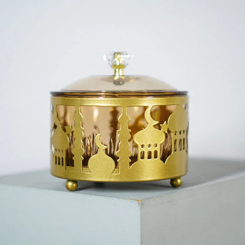 DecorBites™ Eid Mubarak Metal Fruit Snack Tray: Castle Tea Tray with Lid