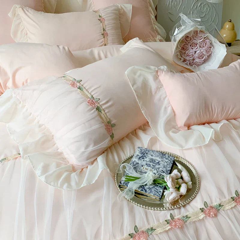 Decobites Pink French Princess Lace Ruffles Bedding Set with Pillowcases & Bed Sheet