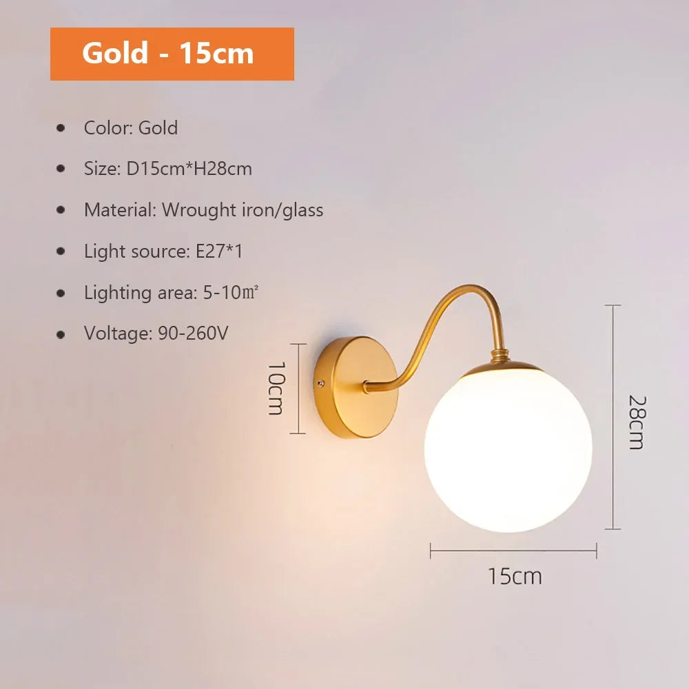 DecorBites™ Glass Shade Gold Wall Lamp Bedroom Bedside Spherical Aisle Light