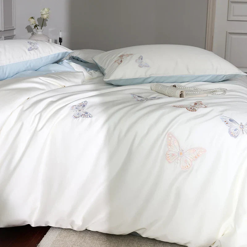 Decobites Butterfly Embroidery Lyocell Cotton Bedding Set, Silky Soft Cool Feeling Sheets