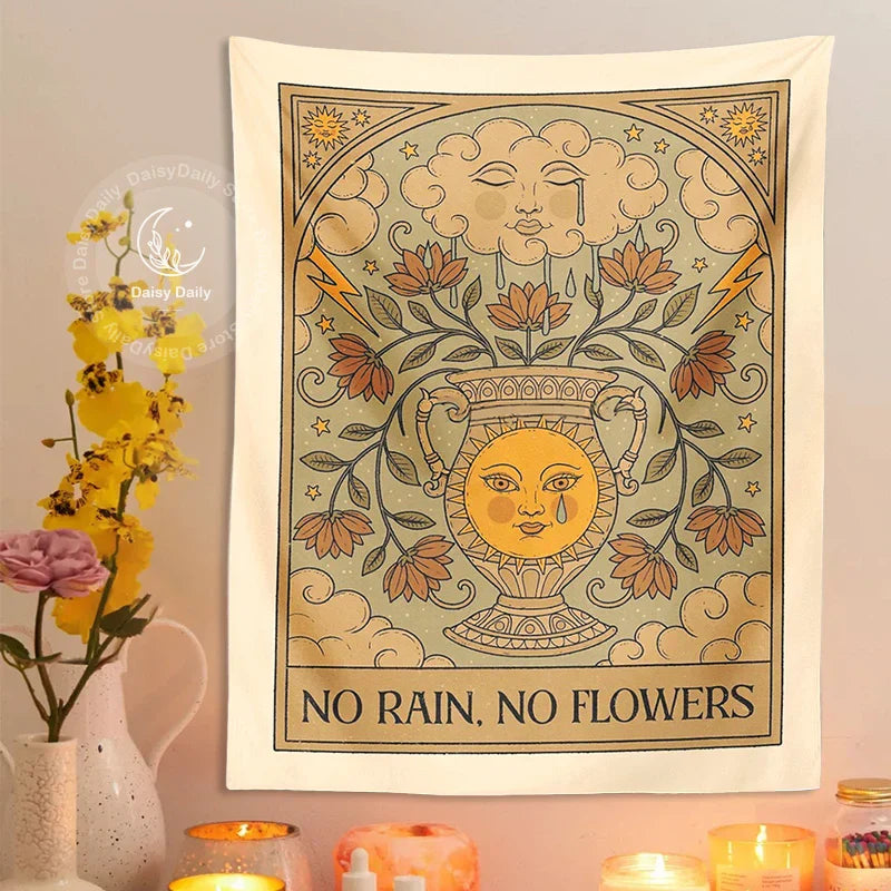 Decobites Sunflower Tapestry No Rain No Flowers Tarot Psychedelic Vase Wall Hanging