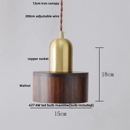 DecorBites™ LED Pendant Lamp: Japan Style, Copper Socket, Walnut Wood, Adjustable Hanging Light