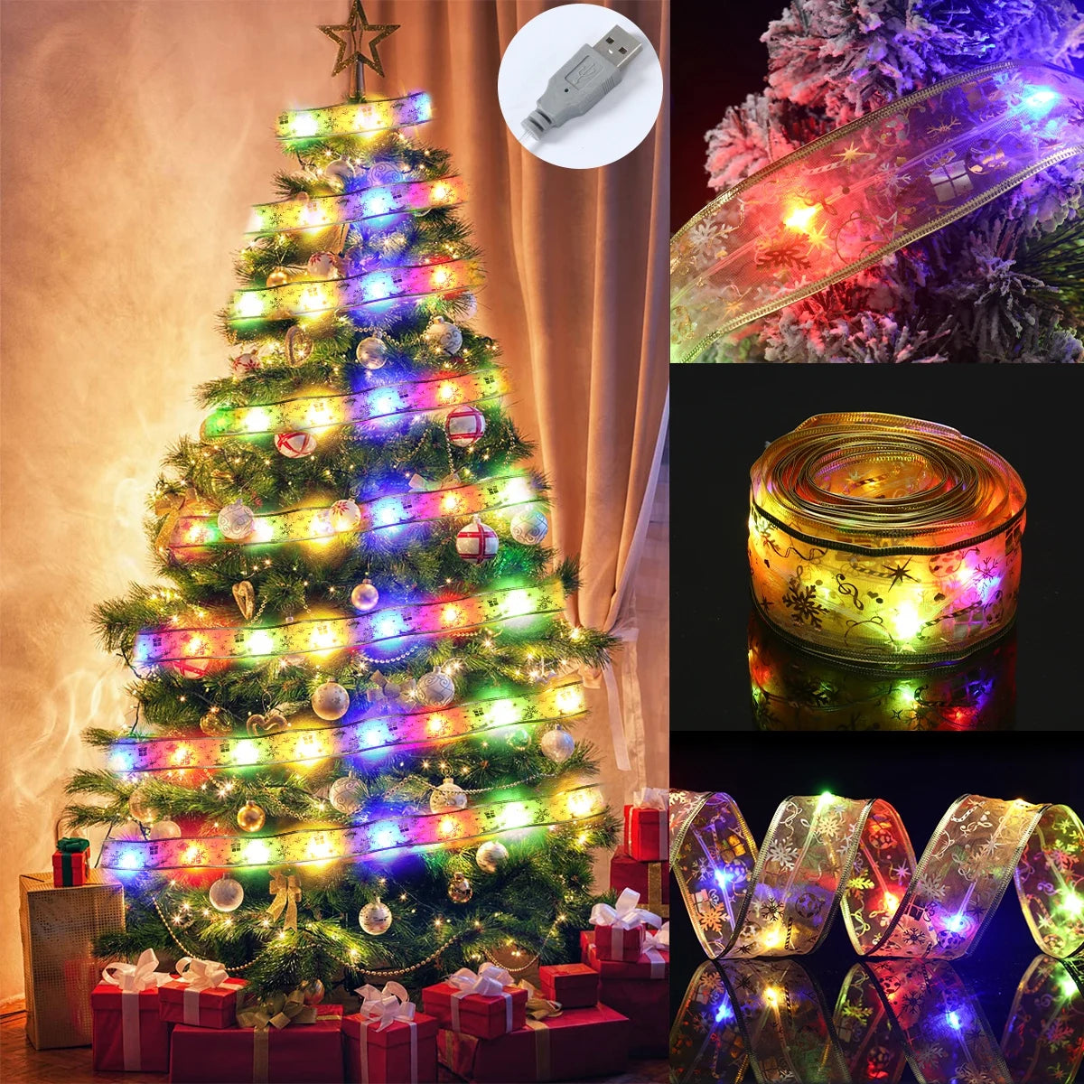 Christmas Ribbon Fairy Light String Merry Christmas Decorations For Home 2024 Xmas Tree Ornament Xmas Navidad Gift New Year 2025