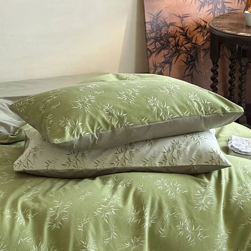 DecorBites™ Bamboo Leaf Jacquard Bedding Set: Soft & Comfortable Quilt Set, 100% Cotton, Green, Adult & Kids.