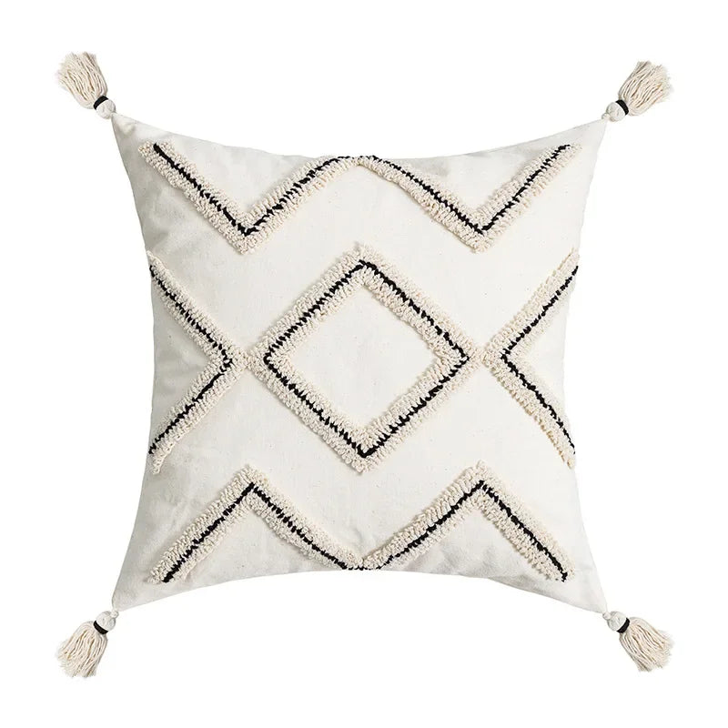 غطاء وسادة DecorBites™‎ مطرز هندسيًا بشراشيب - وسادة مبطنة بسيطة باللون الرمادي والأبيض