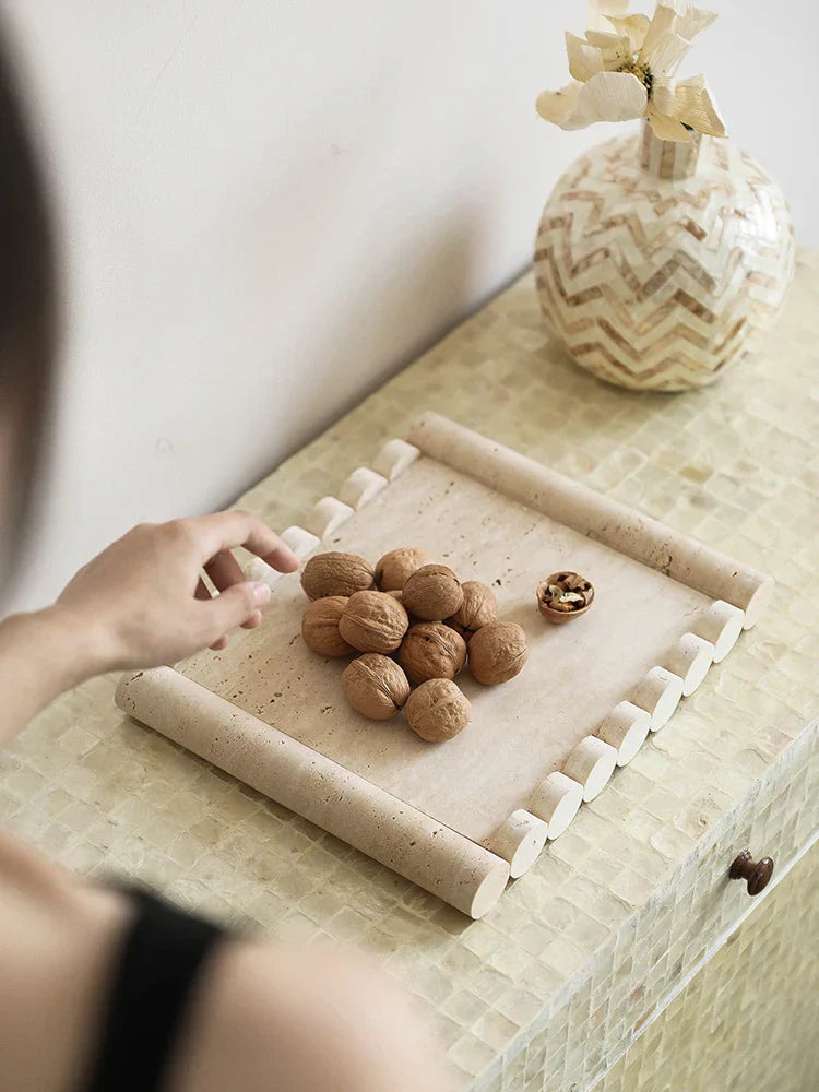 DecorBites™ Beige Travertine Marble Serving Tray - Vintage Natural Stone Plate for Hotel, Party, Snacks