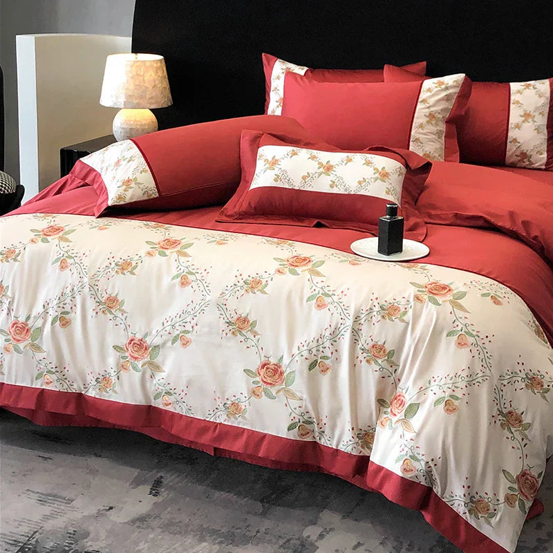 Decobites Luxury Rose Flowers Embroidery Bedding Set in Red