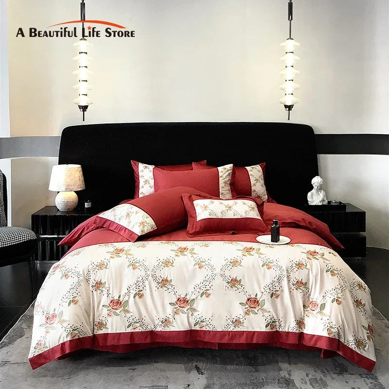 Decobites Luxury Rose Flowers Embroidery Bedding Set in Red