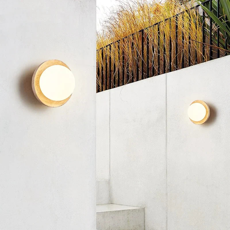 DecorBites™ LED Wall Light: Nordic Modern Design with White Glass & Yellow Travertine Wood