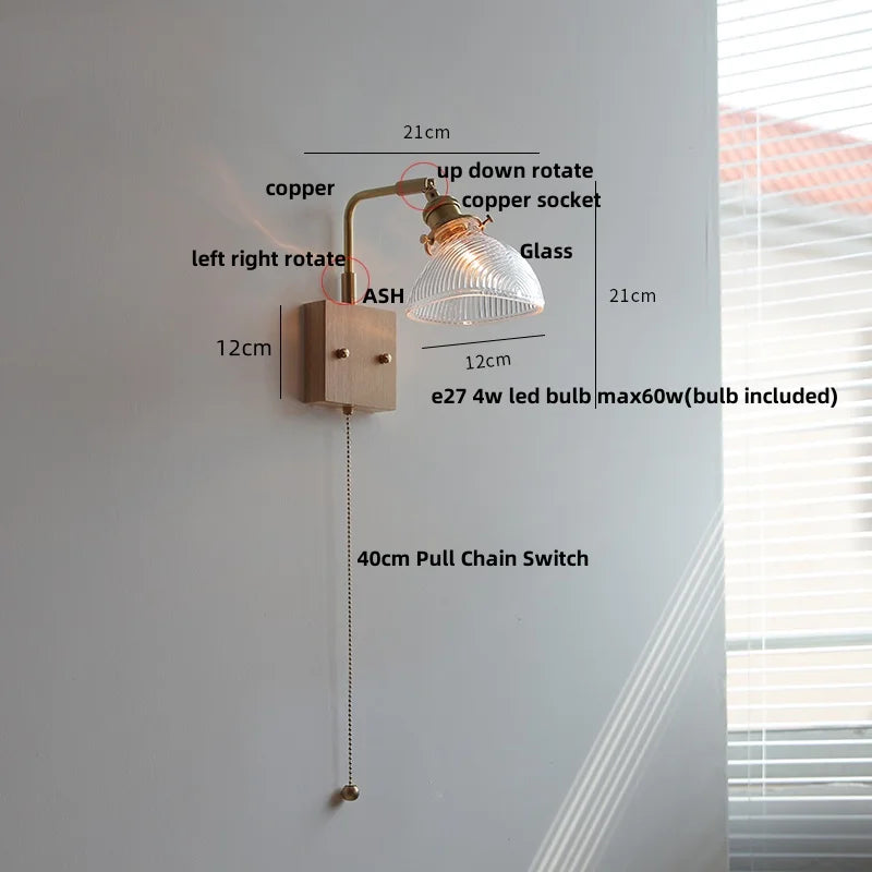 Aplique de pared de madera de nogal de latón LED Decorbites™ con vidrio giratorio para escalera